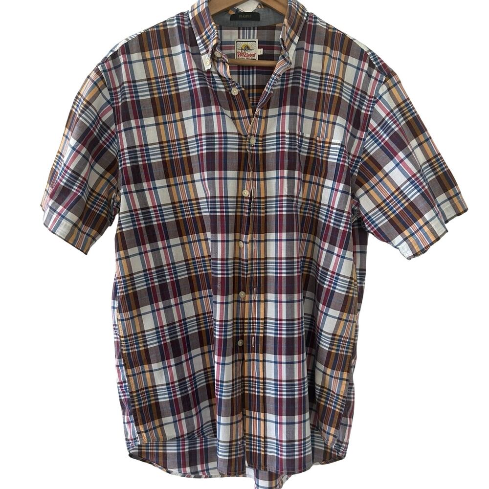 Men's Pendleton Shirt Short Sleeves Surf Seaside Plaid Sz. Large Vintage Cotton